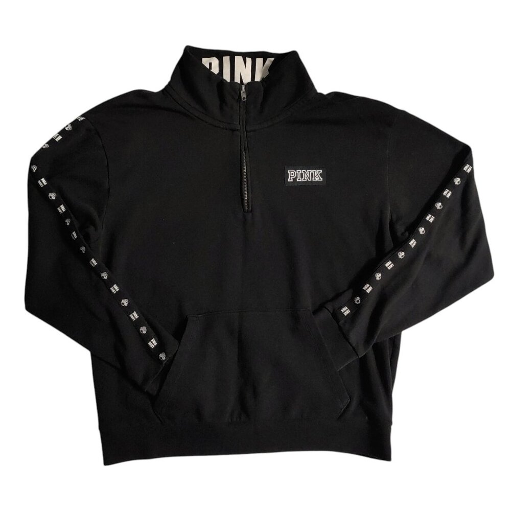 PINK Victoria's Secret Pullover Sweatshirt Medium Black 1/4 Zip Hoodie Mesh Logo